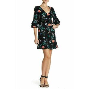 The Vanity Room Women’s Black Floral V-Neck Ruffle Sleeve Dress Size L NWOT